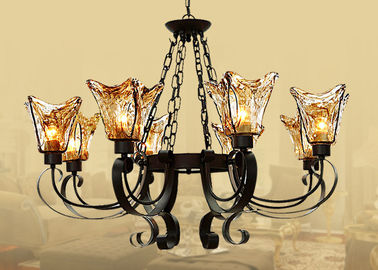 Đen 8 nhẹ Trang chủ trang trí Wrought Iron Chandelier Với Amber Glass Shade