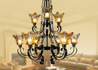 Thương mại trang trí Amber Glass Đèn chùm sạn lớn 9 Light với chuỗi điều chỉnh