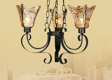 64cm Chiều cao Big Retro Rèn Sắt Amber Glass Chandelier Đèn / Đèn cho phòng tắm