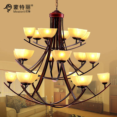 Kem Shade xuống rèn sắt Chandelier 3 lớp 18 Heads Đối Villas